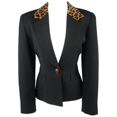 Vintage CHRISTIAN DIOR Size 4 Black Wool Tan Cheetah Collar Jacket
