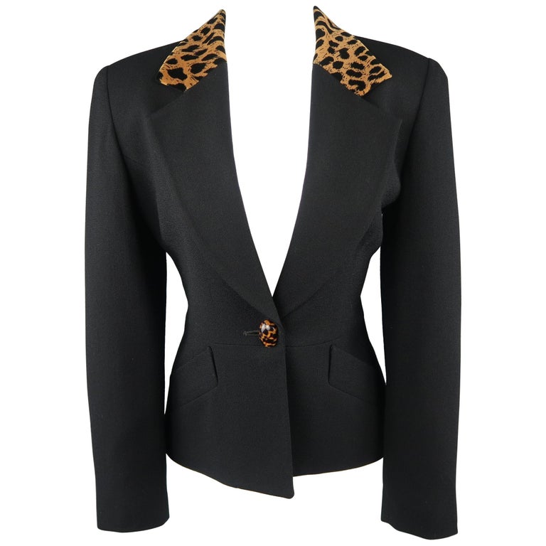 CHRISTIAN DIOR Size 4 Black Wool Tan Cheetah Collar Jacket at 1stDibs