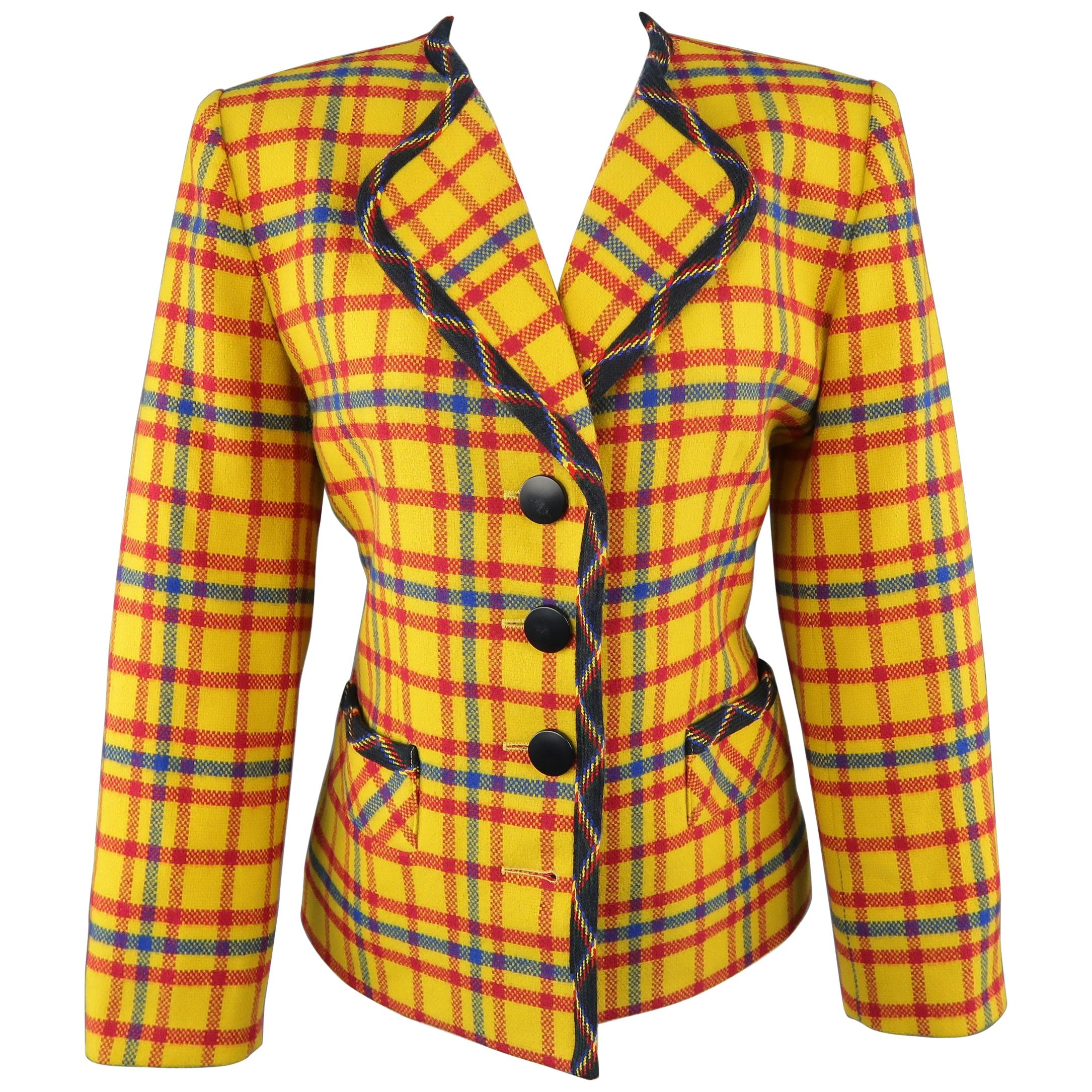 Vintage YVES SAINT LAURENT Size 6 Yellow Red & Blue Plaid Wool Collarless Jacket