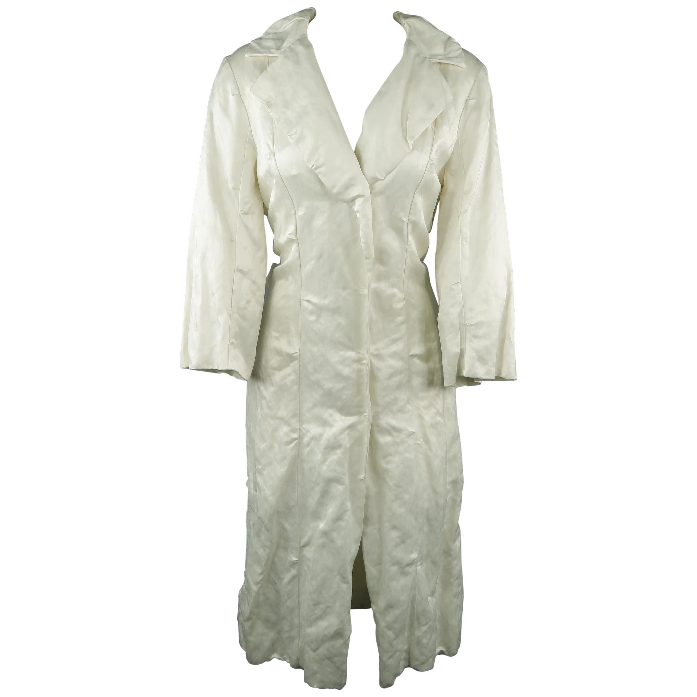 LANVIN Size 8 Off White Wrinkle Textured Satin Snap Coat