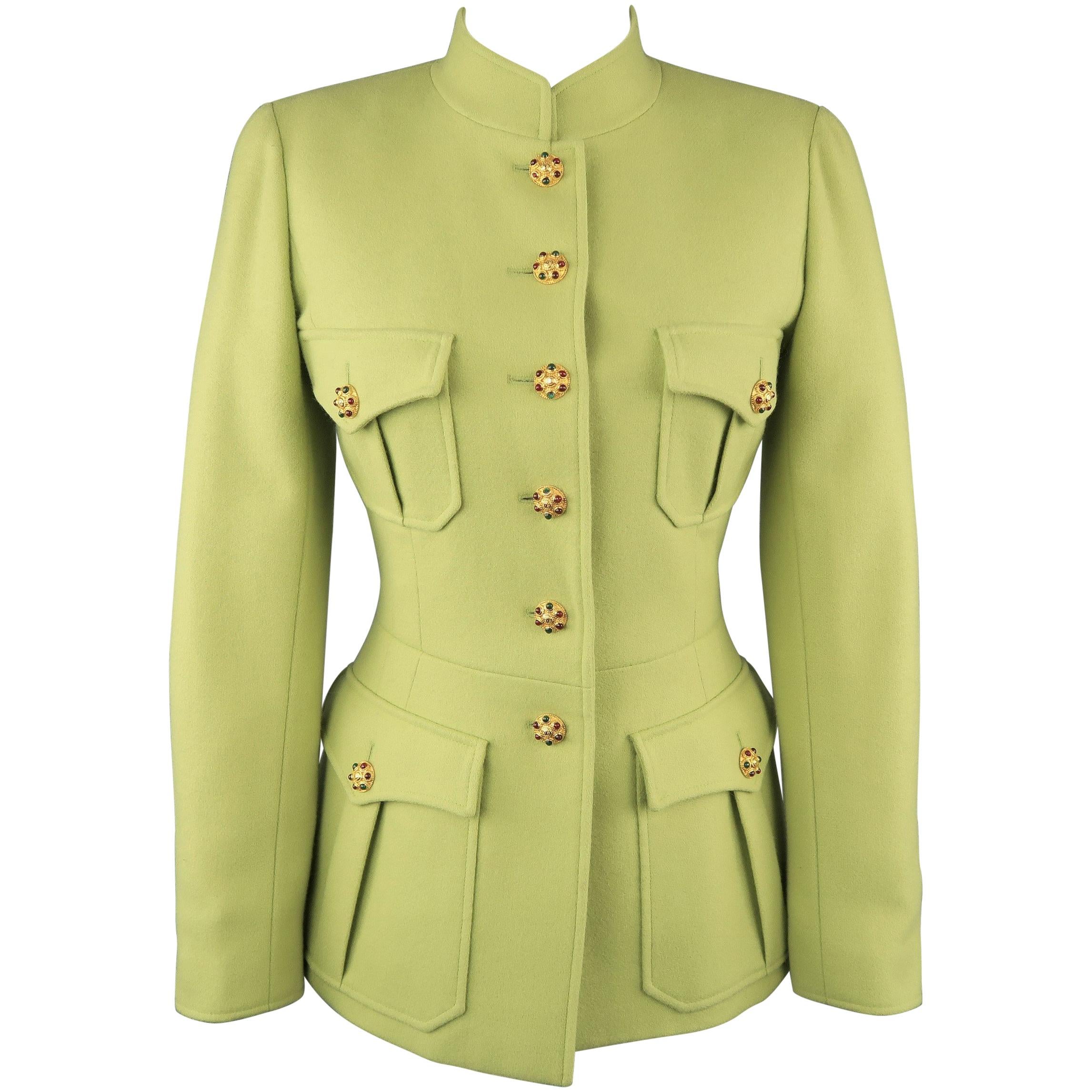 CHANEL BOUTIQUE 1990s Size 6 Light Green Wool Byzantine Button Military Jacket