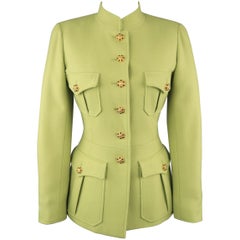 Vintage CHANEL BOUTIQUE 1990s Size 6 Light Green Wool Byzantine Button Military Jacket