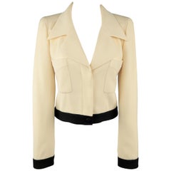 CHANEL Size 6 Beige & Black Wool Cropped Pointed Lapel Jacket