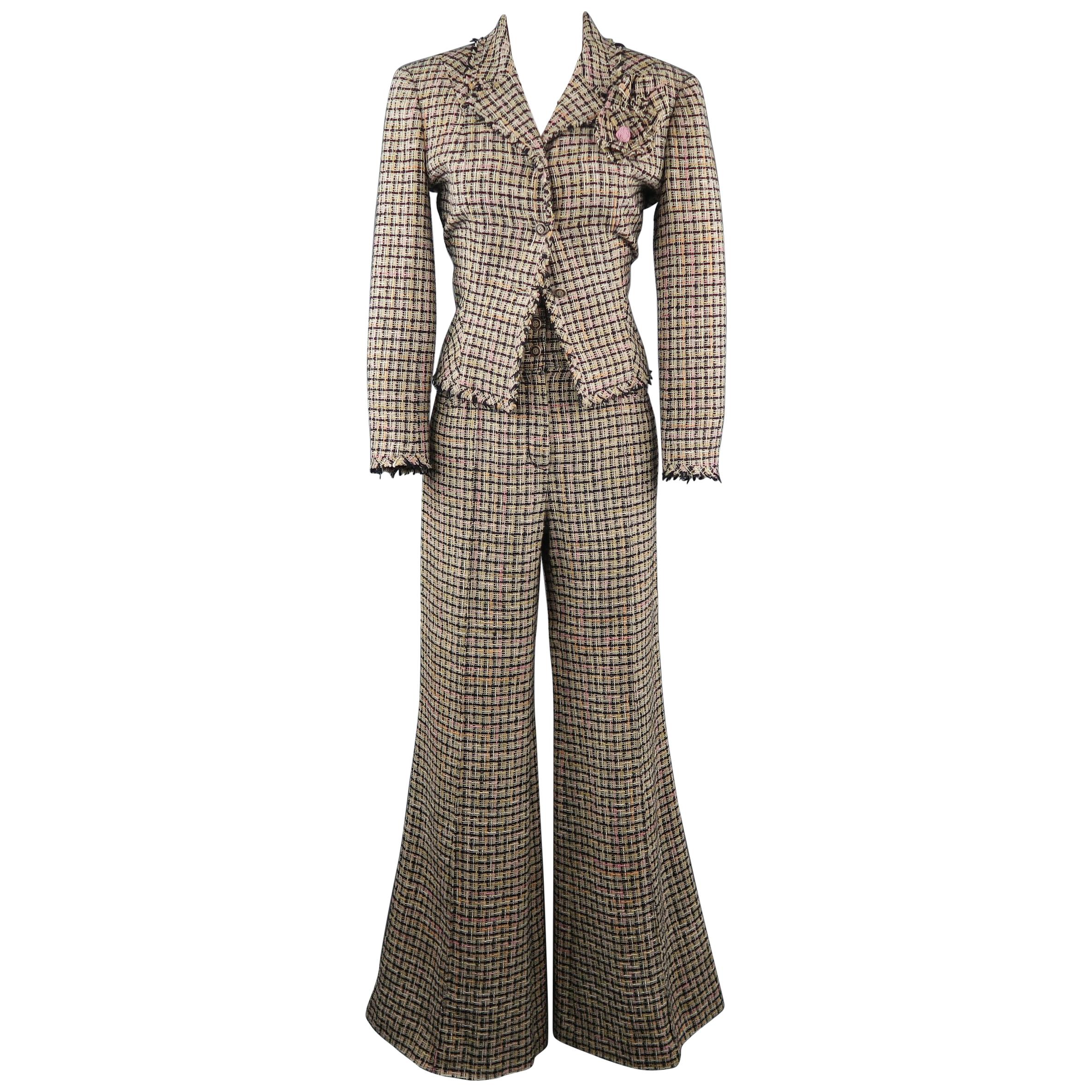 CHANEL Size 8 Beige Pastel & Black Plaid Tweed High Rise Wide Leg Pants Suit