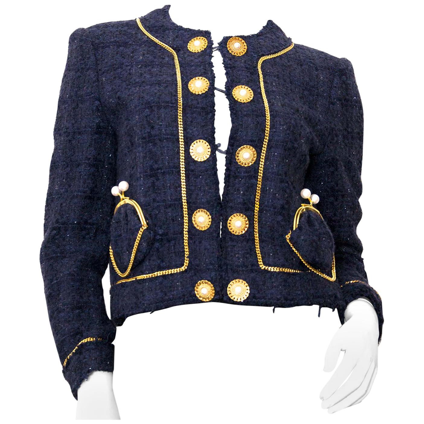 Moschino Dark Blue Tweed Jacket - Size 40 For Sale