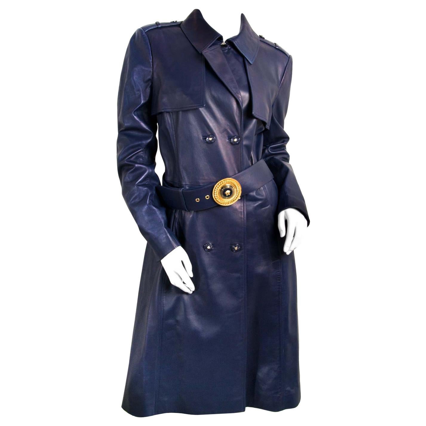 Versace Dark Blue Leather Trench Coat - Size 46 For Sale