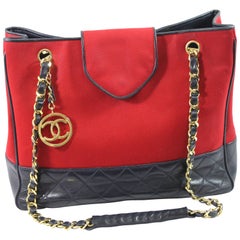 Chanel Vintage Red and Navy Leather and canvas Shopper Bag