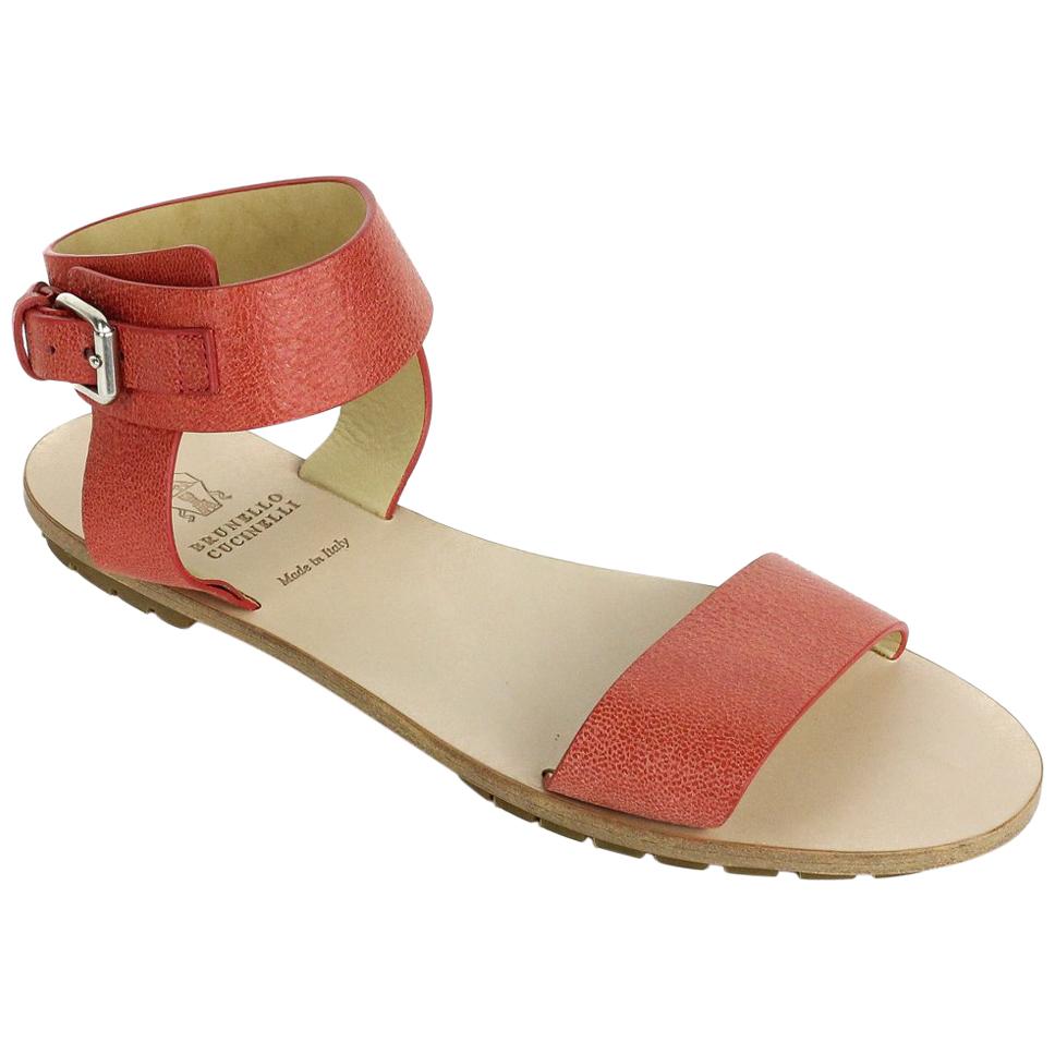 Brunello Cucinelli Women Bright Orange Leather Flat Sandal For Sale