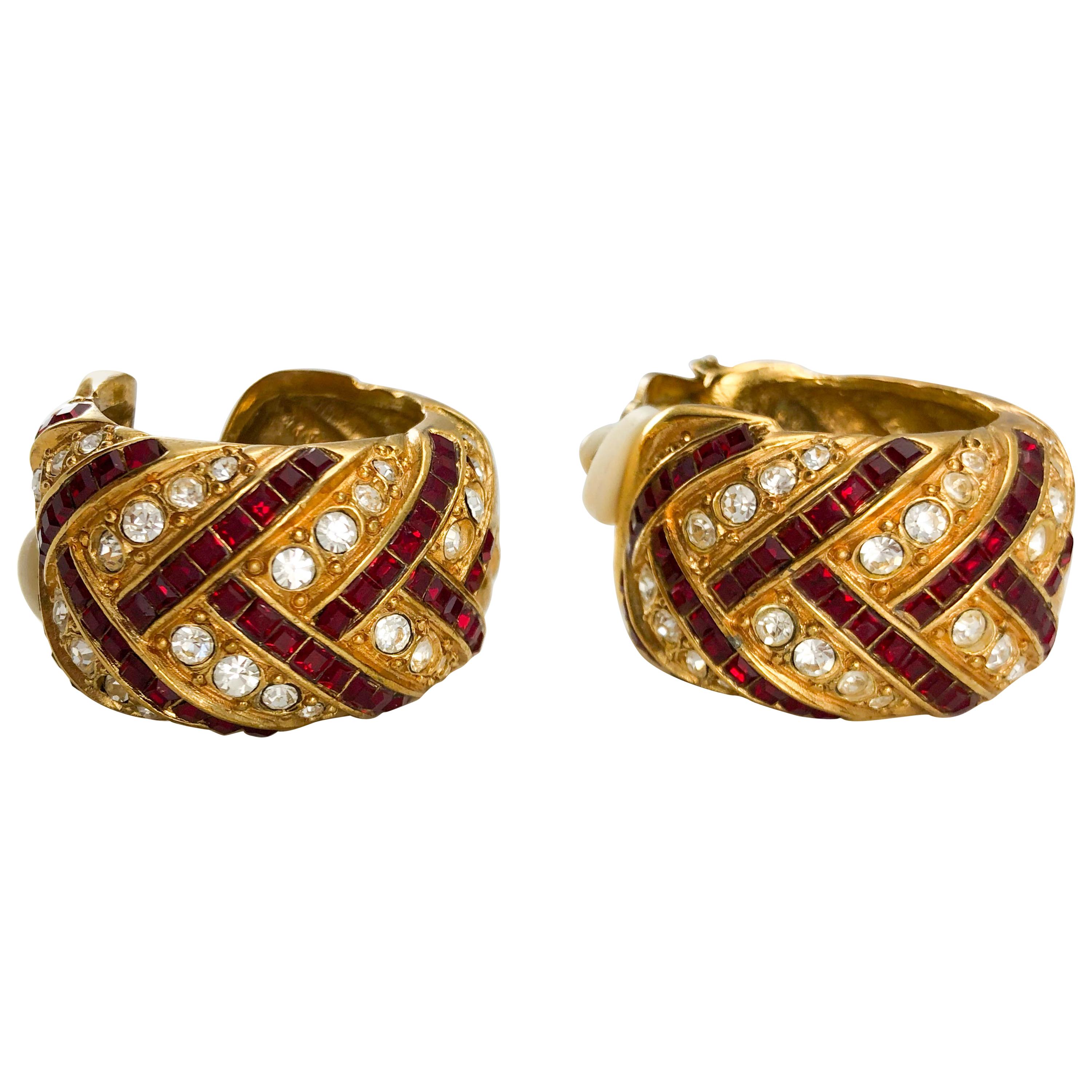 1980's Yves Saint Laurent Crystal Embellished Gold-Plated Hoop Earrings