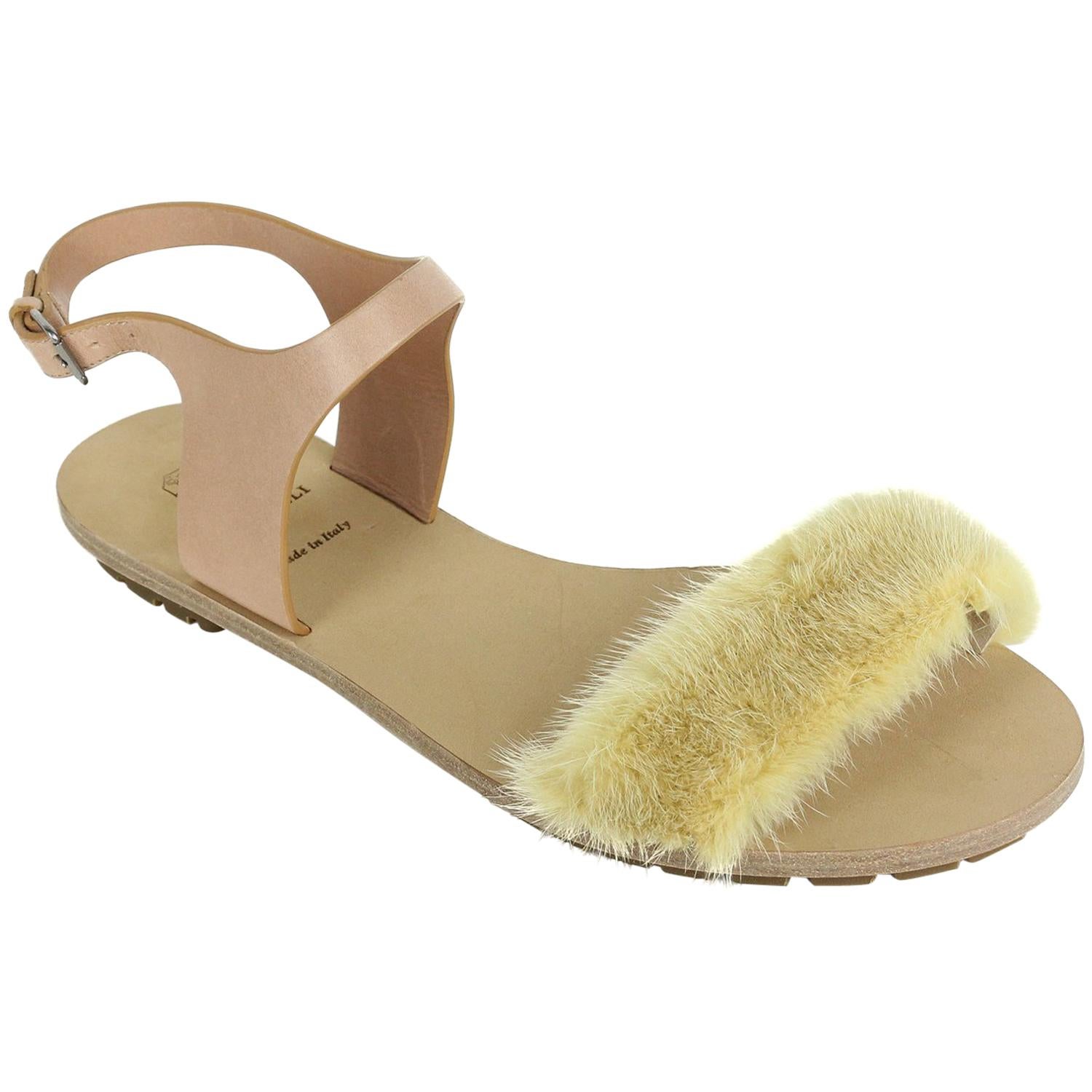 Brunello Cucinelli Womens Beige Mink Fur Flat Sandal  For Sale