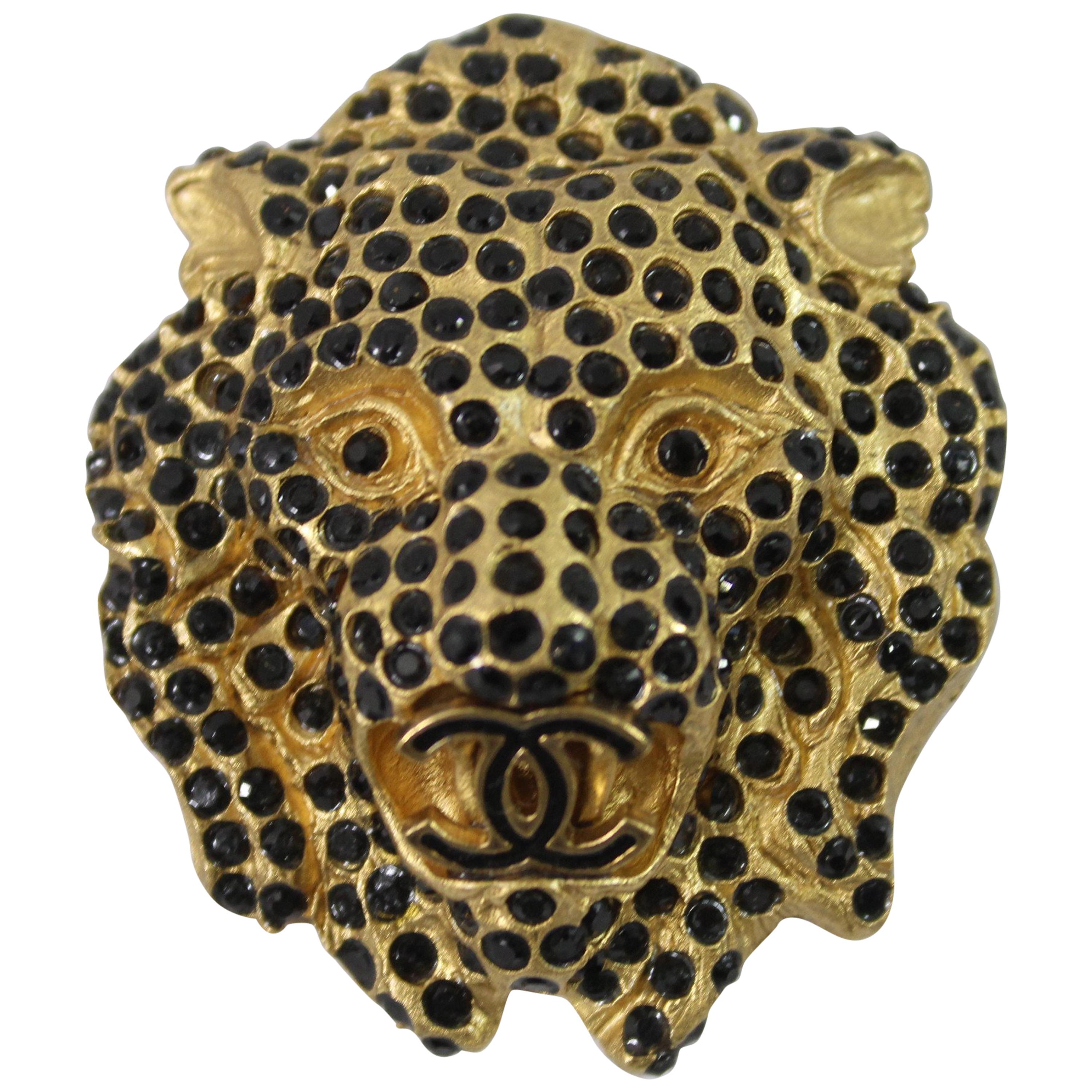 Chanel Brooch Gold Plated and Black Stones Lion  For Sale