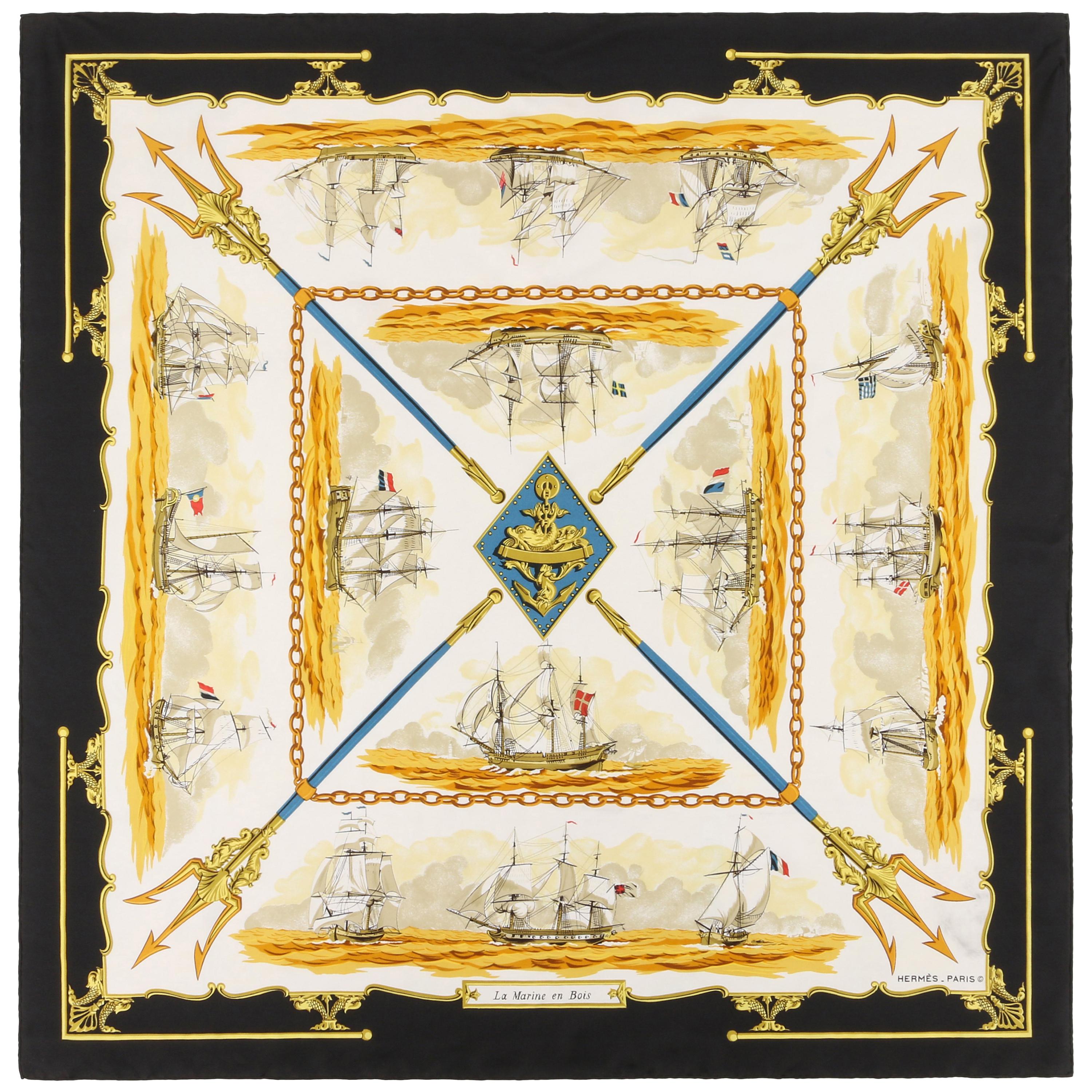 HERMES Hugo Grygkar "La Marine en Bois" Black Nautical Ship Trident Silk Scarf