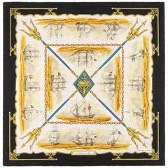 HERMES Hugo Grygkar "La Marine en Bois" Black Nautical Ship Trident Silk Scarf