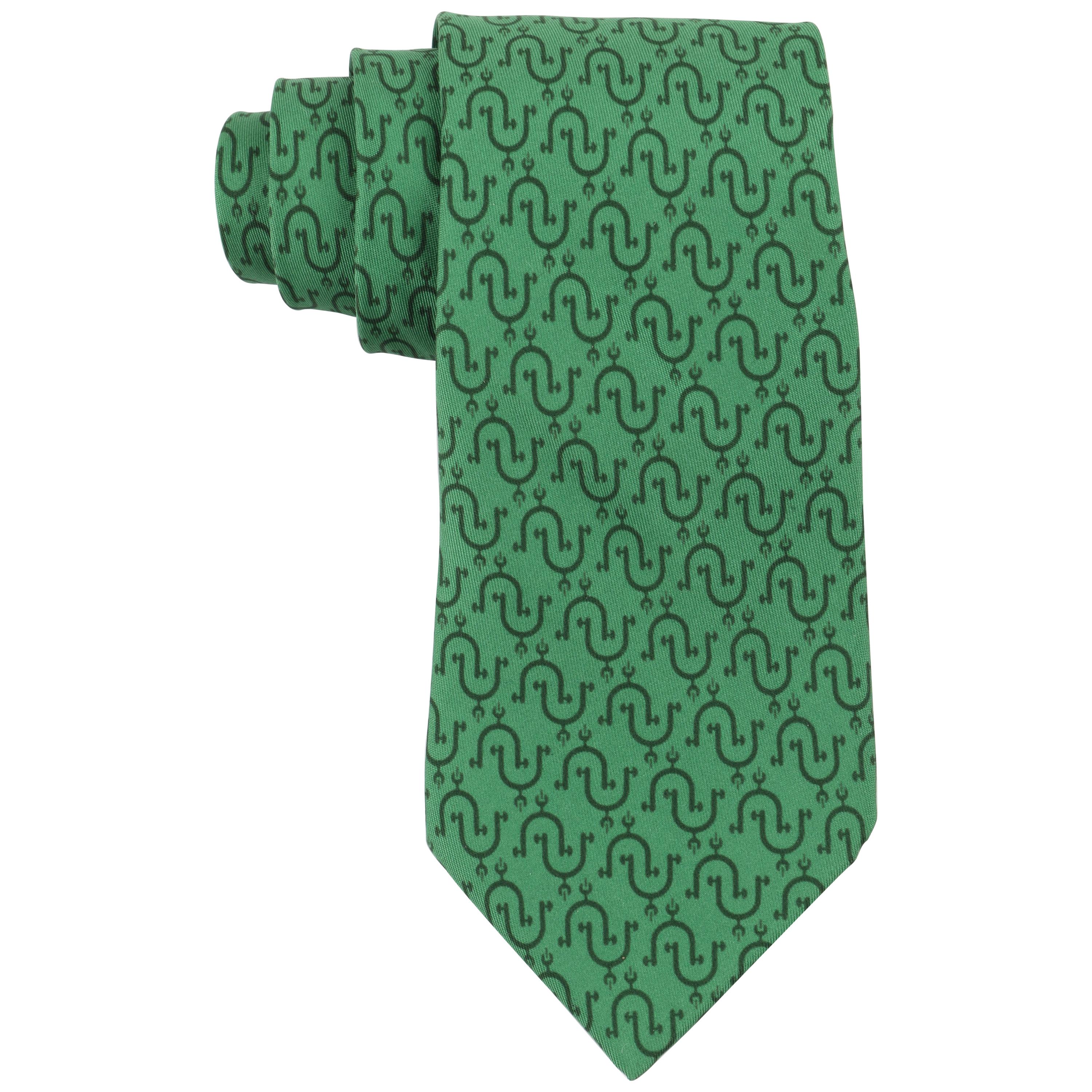 HERMES Kelly Green Equestrian Stirrup Print 5 Fold Silk Necktie Tie 5202 IA