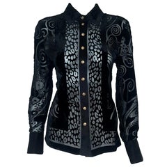 Versace Black Silk Blend Cut Velvet Arabesque Design Long Sleeve Top
