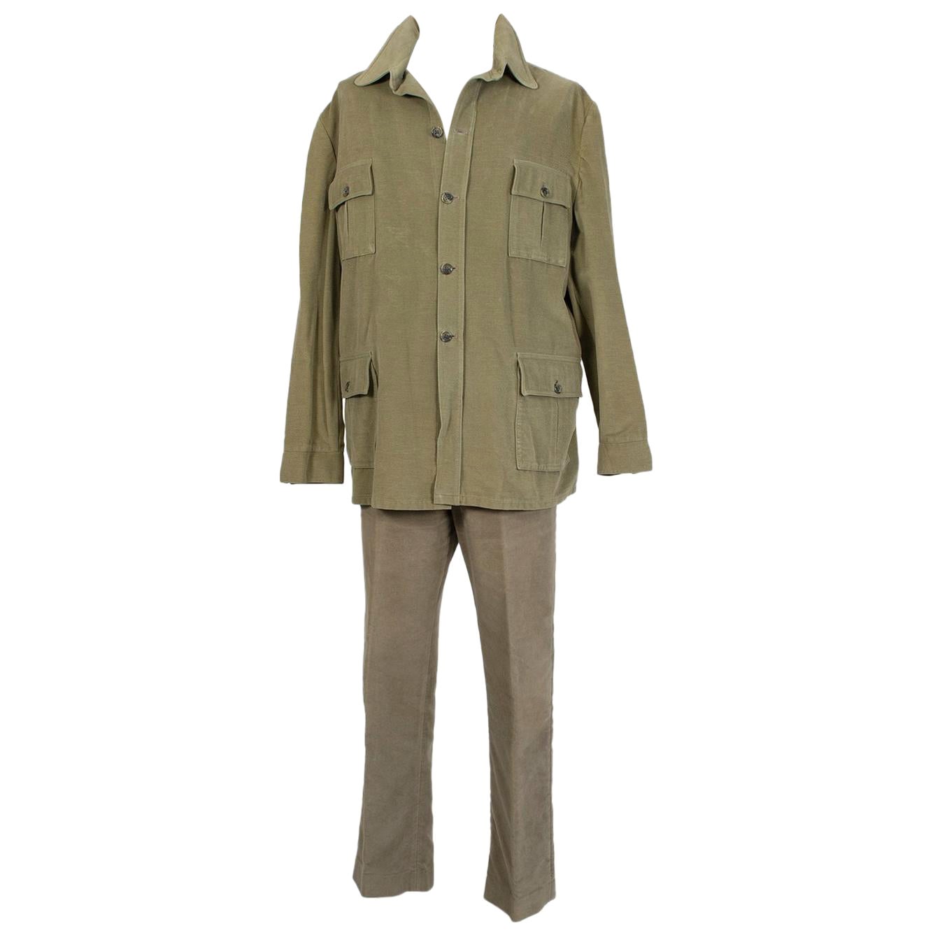 Men’s British Khaki Moleskin Norfolk Hunting Jacket and Trouser Set - XL, 1960s For Sale