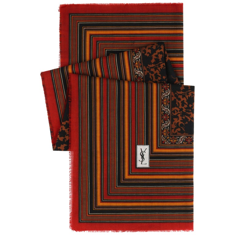 YVES SAINT LAURENT Foulards A/W 1983 YSL Striped and Floral Wool Silk Scarf  / Wrap at 1stDibs