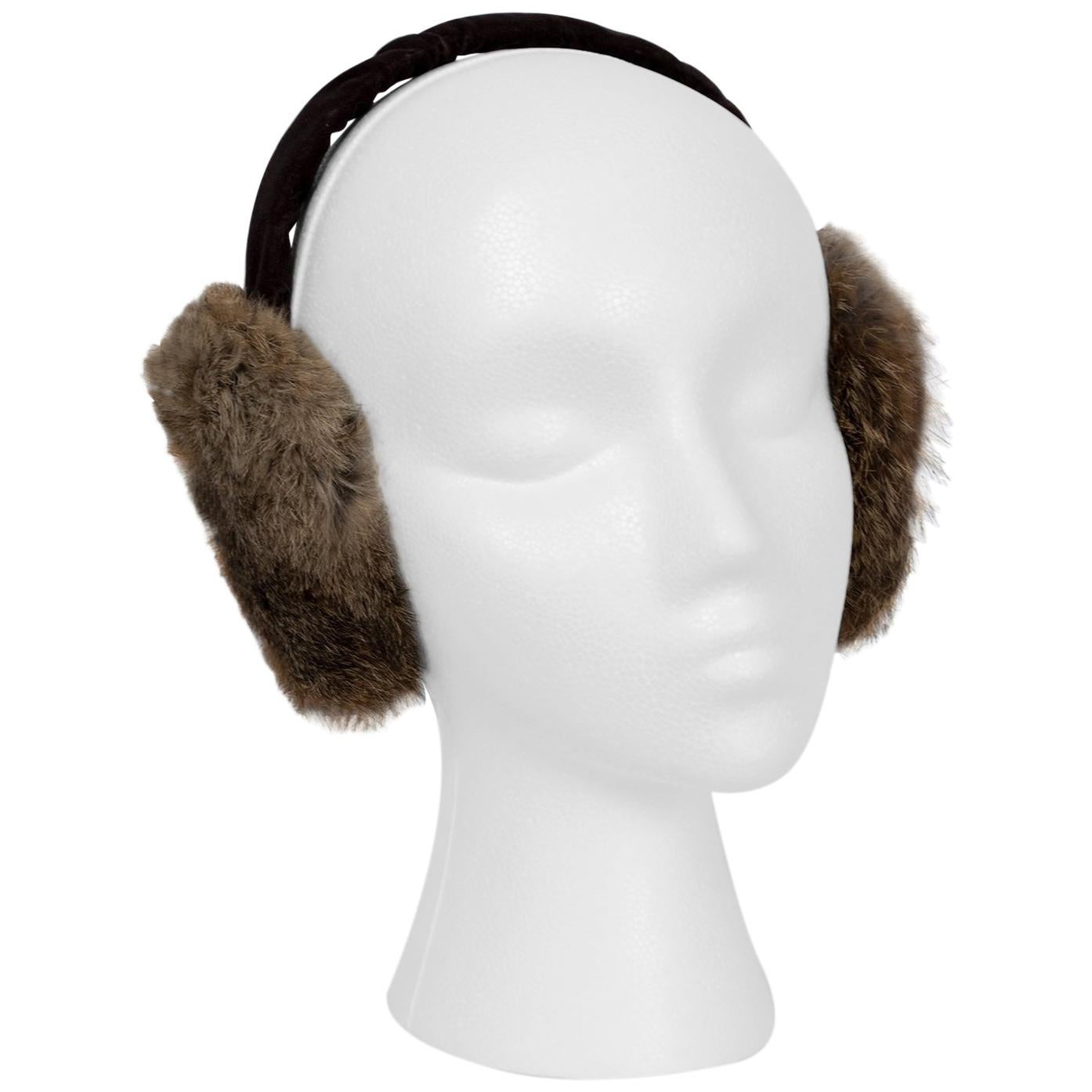 Plush Taupe Fox Fur Earmuffs with Brown Velvet Headband - One Size, 1960s