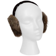 Plush Taupe Fox Fur Earmuffs with Brown Velvet Headband - One Size, 1960s