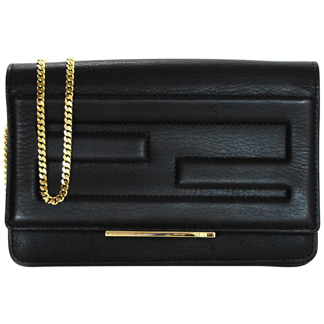 Fendi Black Vitello Leather Logo Tube Wallet On Chain Crossbody Bag