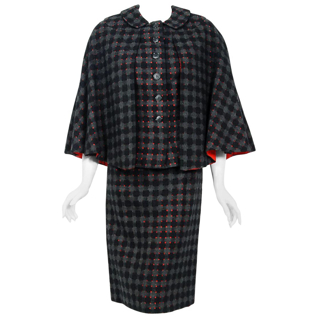 1940's Irene Lentz Couture Plaid Cut-Out Wool Winged Capelet Jacket & Skirt Suit