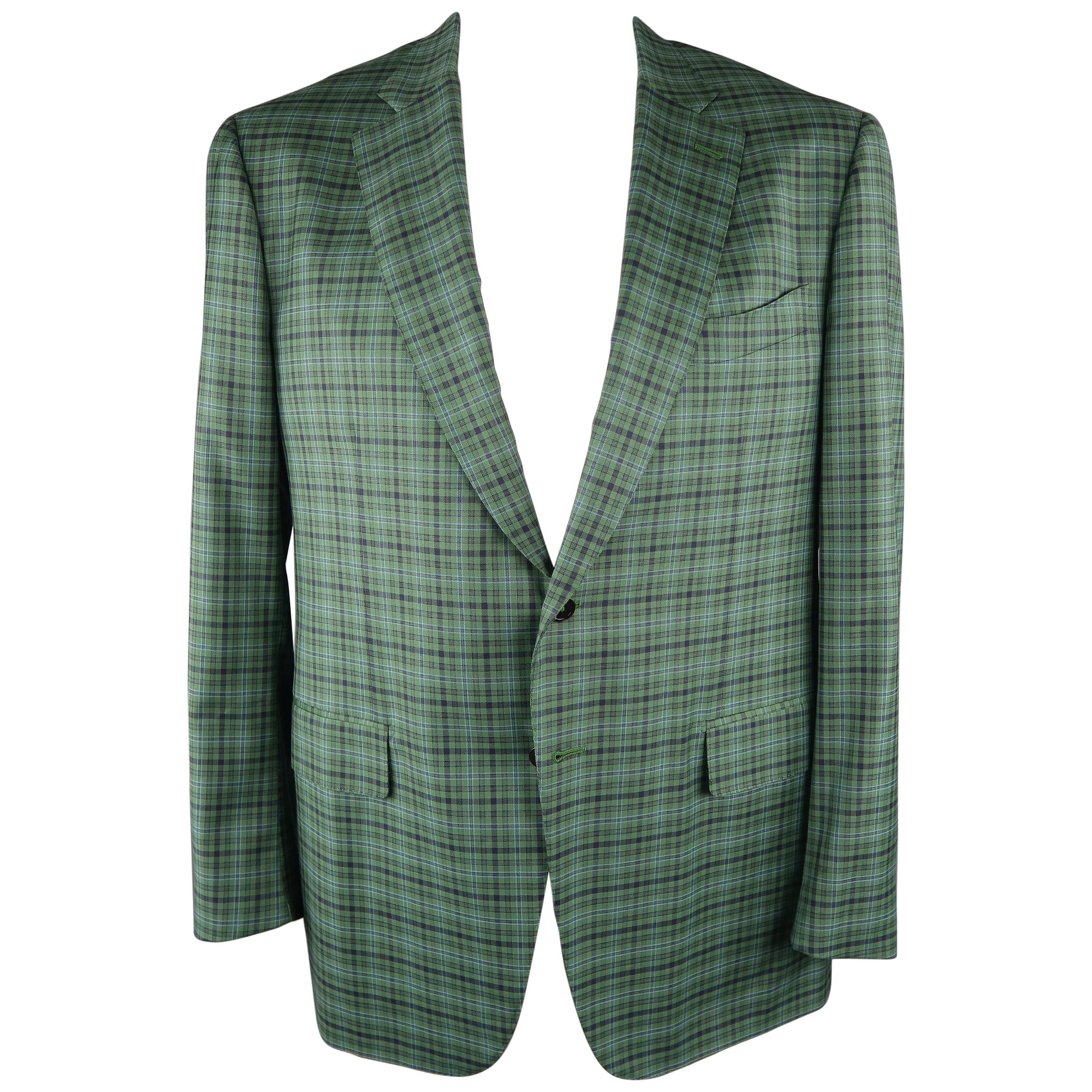 ISAIA 48 Long Green Plaid Wool Sport Coat