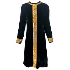 1960s Black + Gold Velvet Sequined Retro 60s Long Sleeve Shift Tunic Dress