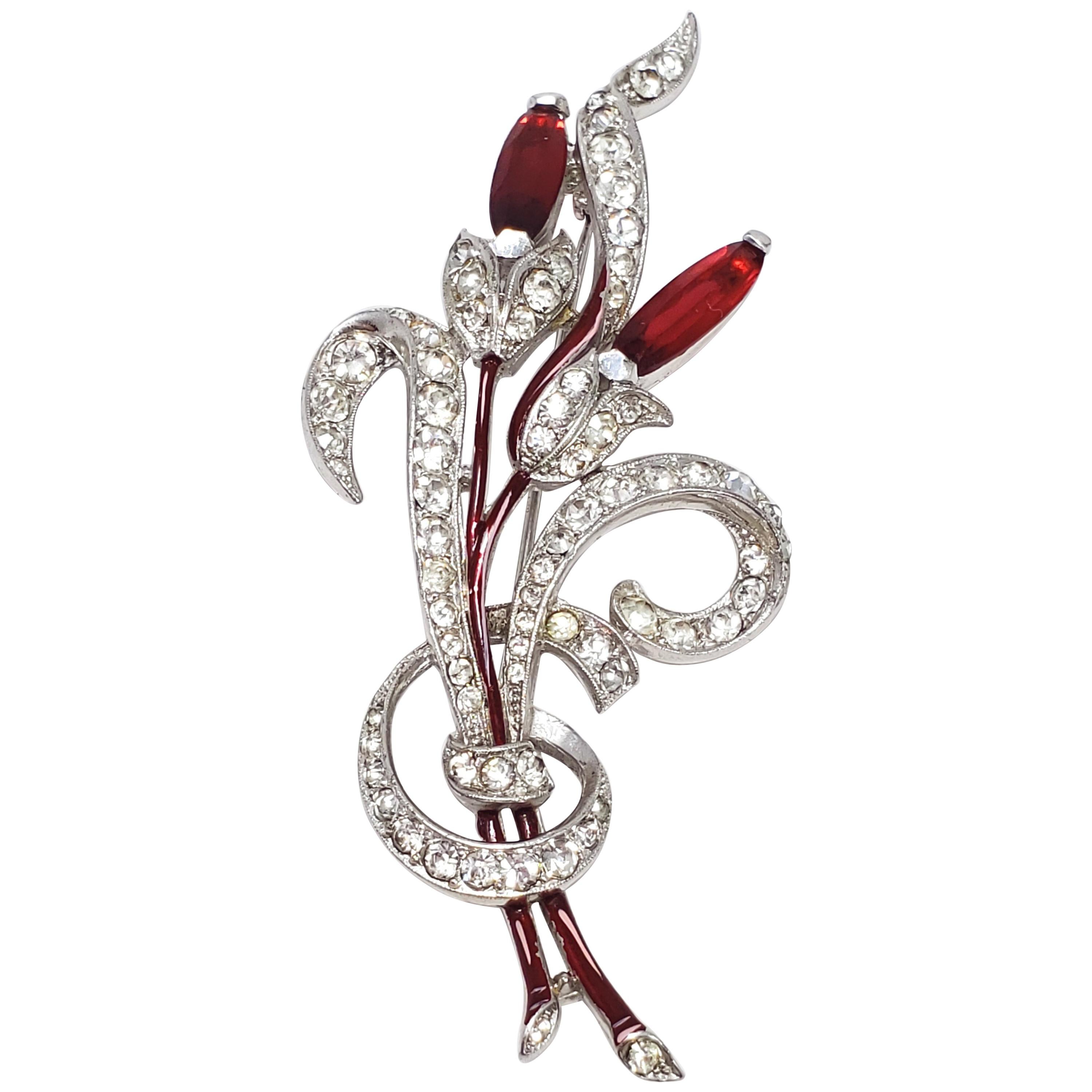 Vintage Alfred Philippe Trifari Red & Clear Crystal Flower Brooch Rhodium Plated