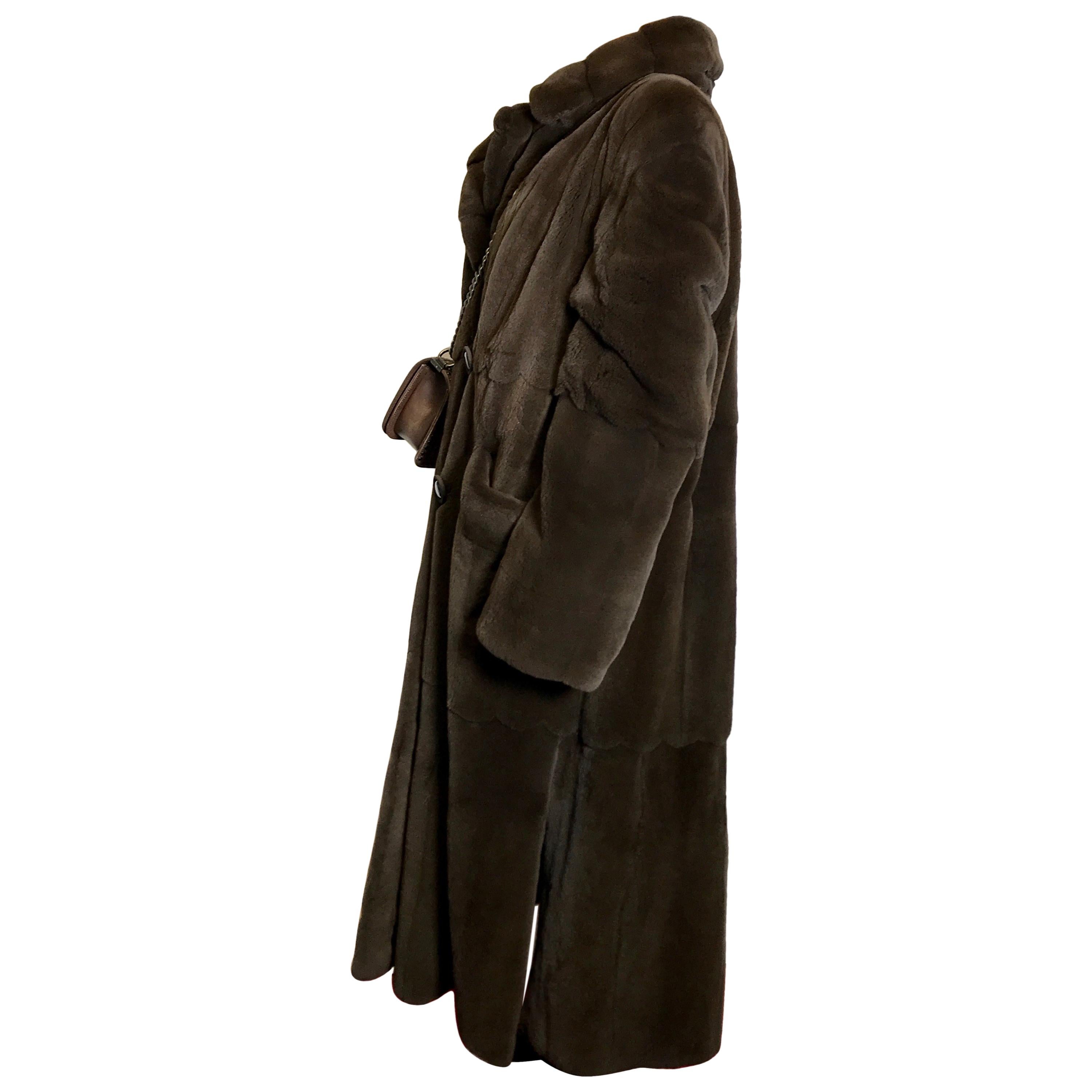 Sheared velvet mink fur long coat modern cut. Dark brown.
