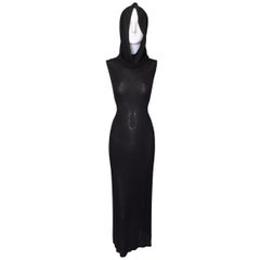 Vintage S/S 1996 Dolce & Gabbana Runway Semi-Sheer Black Hooded Gown Dress 40
