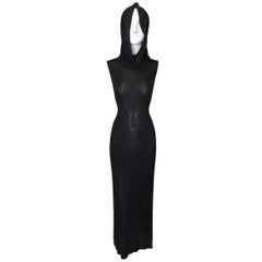 S/S 1996 Dolce & Gabbana Runway Semi-Sheer Black Hooded Gown Dress 40