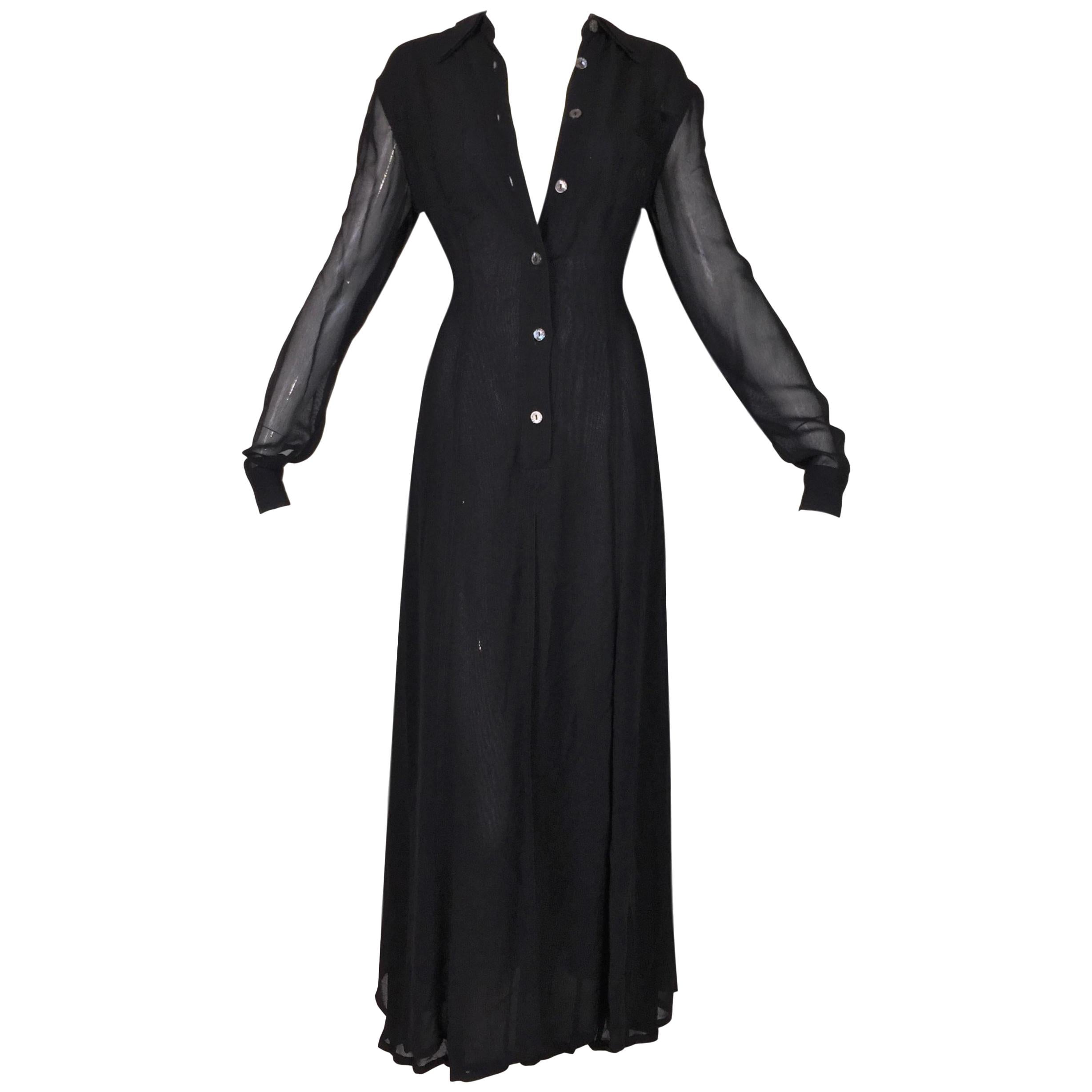 1990's Fendi Sheer Black L/S A-Line Button Down Gown Dress