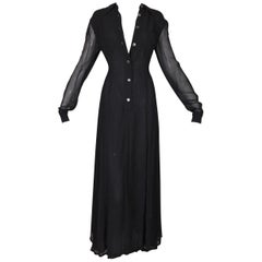 1990's Fendi Sheer Black L/S A-Line Button Down Gown Dress