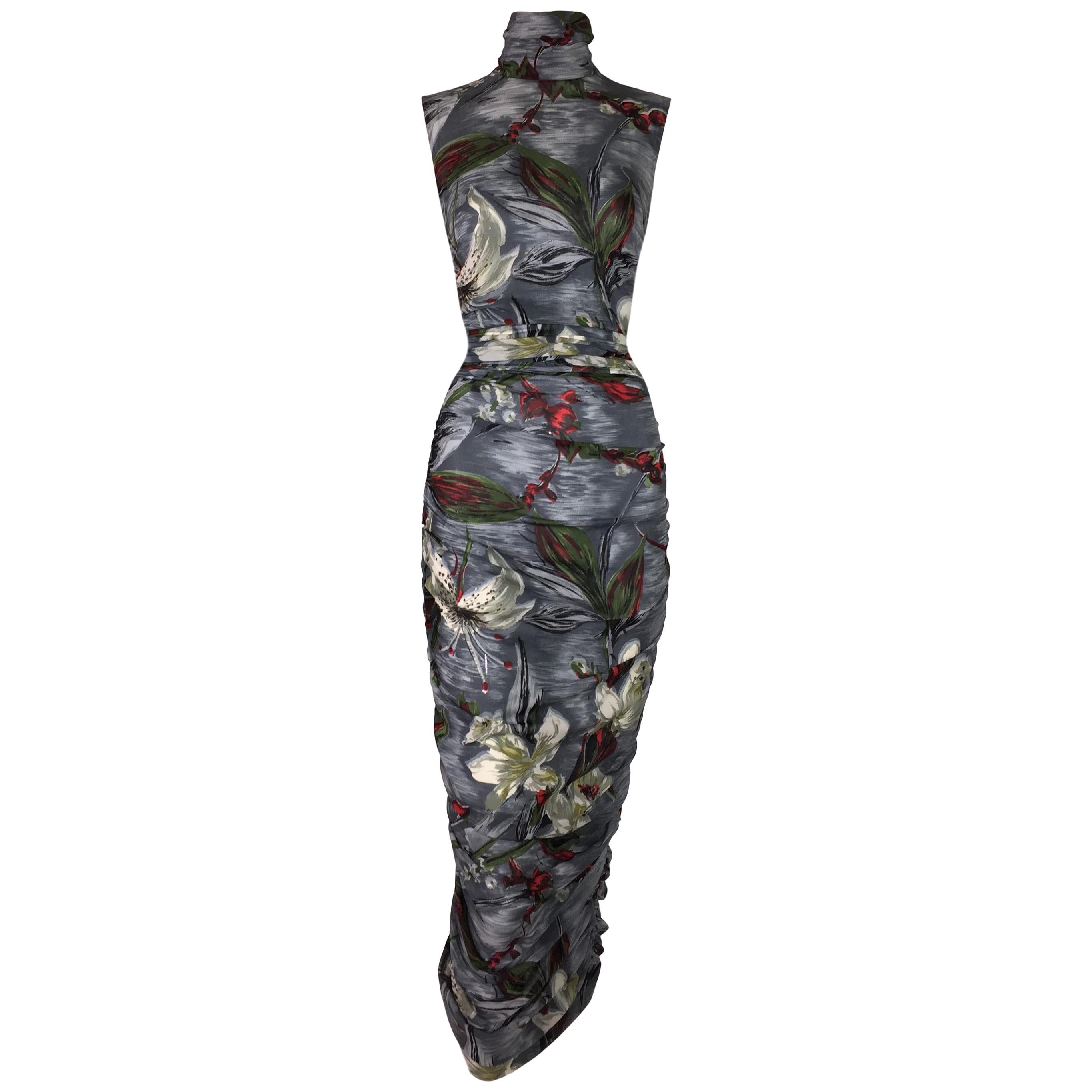 S/S 2001 Dolce & Gabbana Runway Semi-Sheer Gray Silk Ruched Wiggle Dress