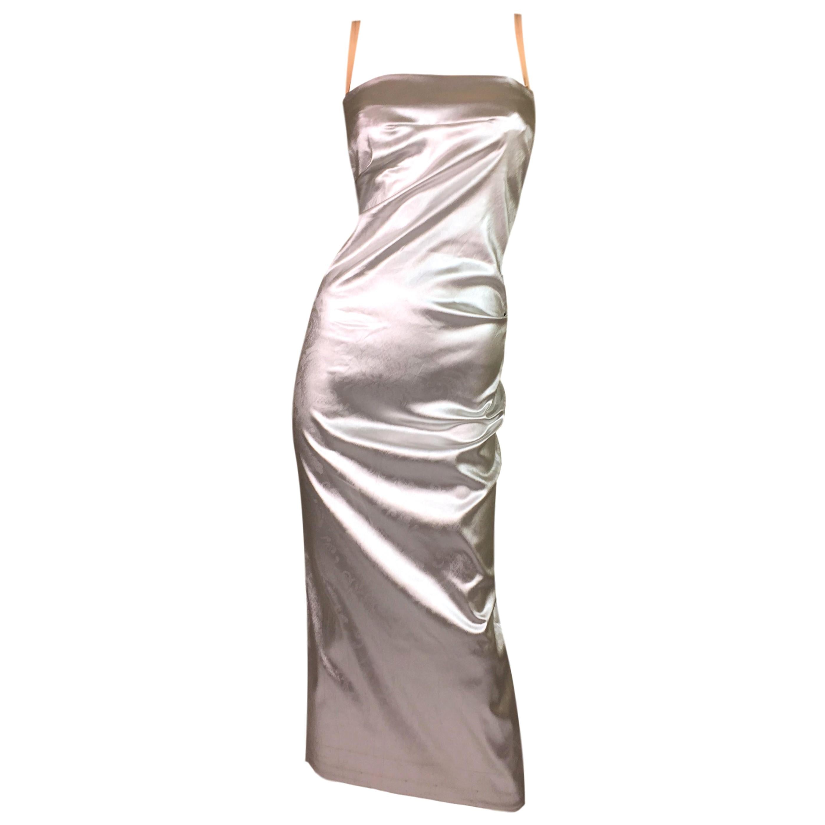 F/W 1998 Dolce & Gabbana Liquid Silver Long Corset Ruched Wiggle Dress