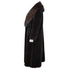 Used Long velvet silk mink fur coat with silver fox collar. Dark brown. (7)