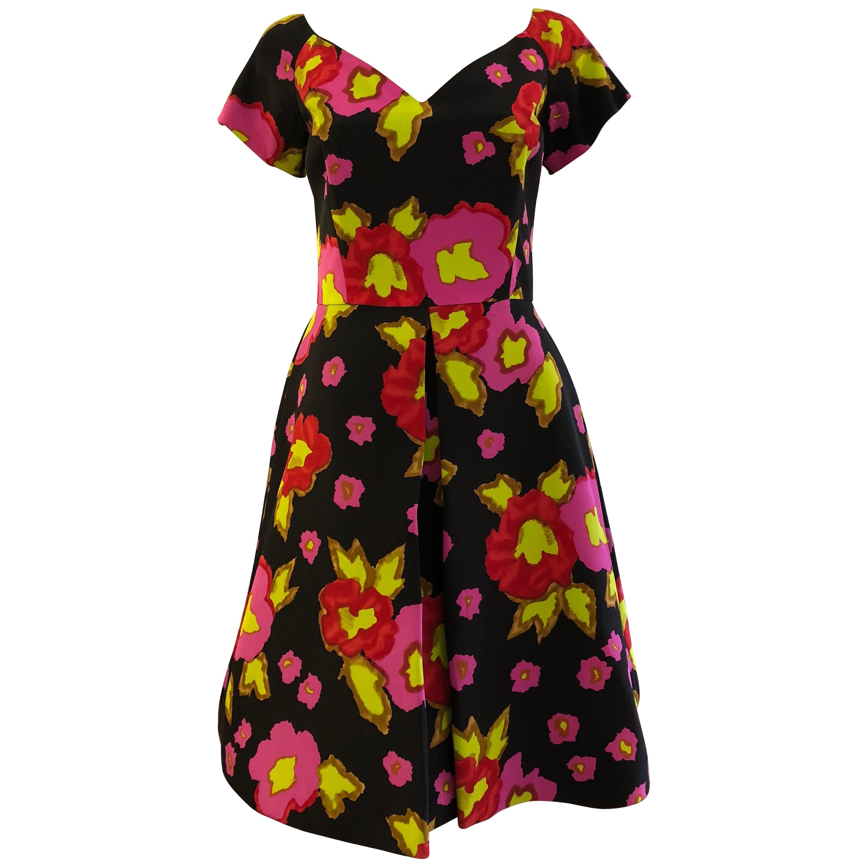 1980s Scaasi Silk Floral Dress w/Inverted Pleat (6)