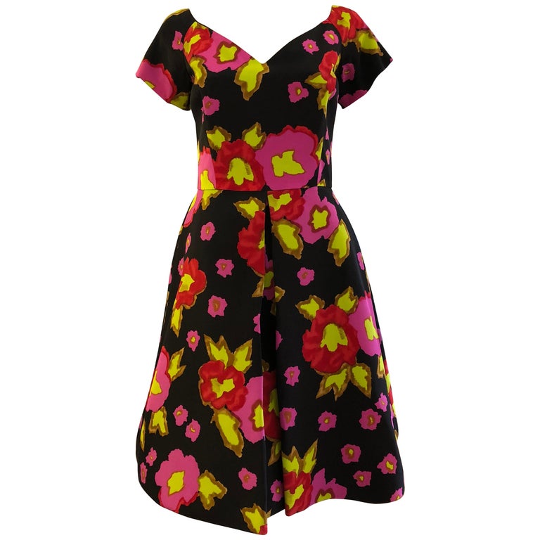 1980s Scaasi Silk Floral Dress w/Inverted Pleat (6) For Sale at 1stdibs