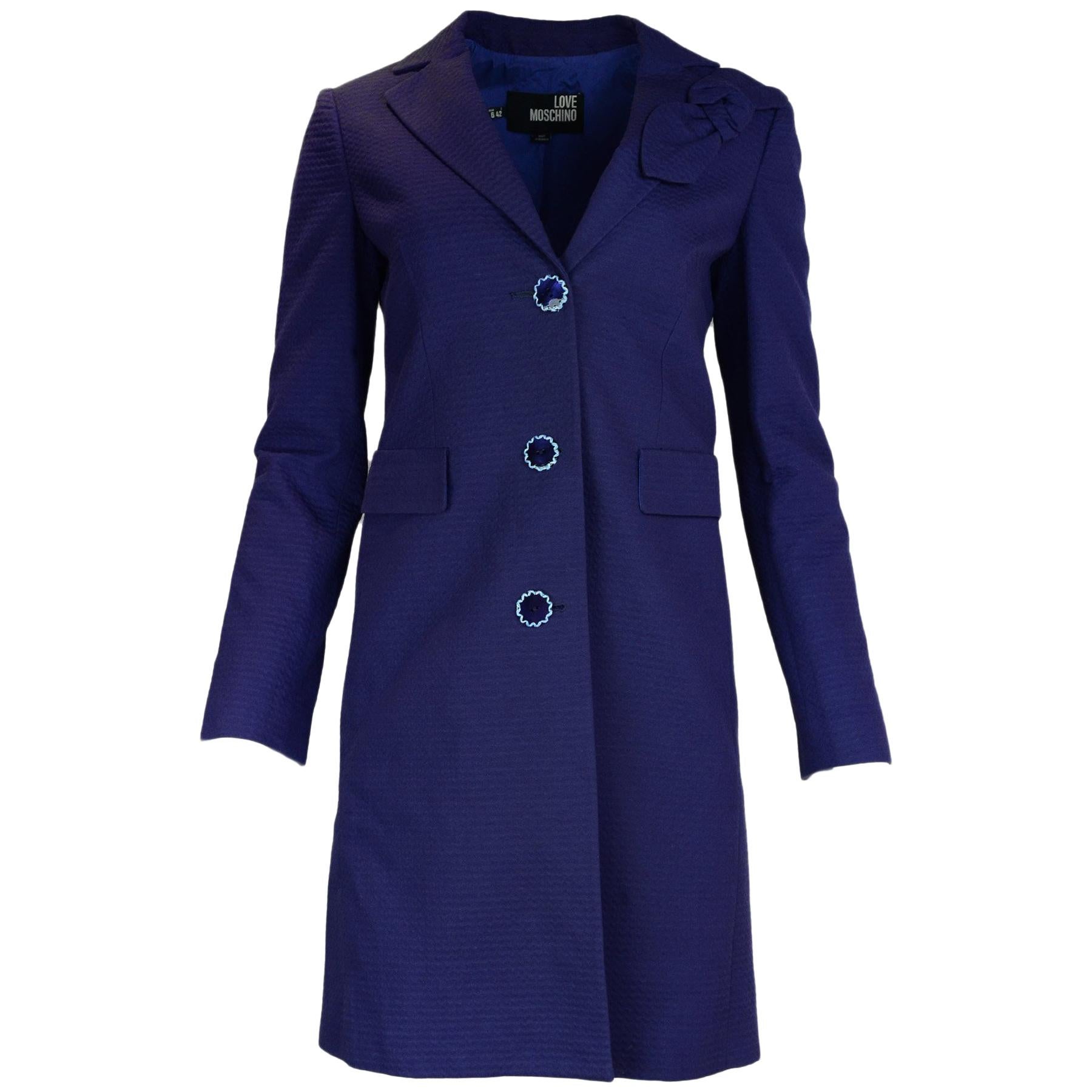 Love Moschino Blue Cotton Coat W/ Bow & Whipstitch Buttons Sz 6