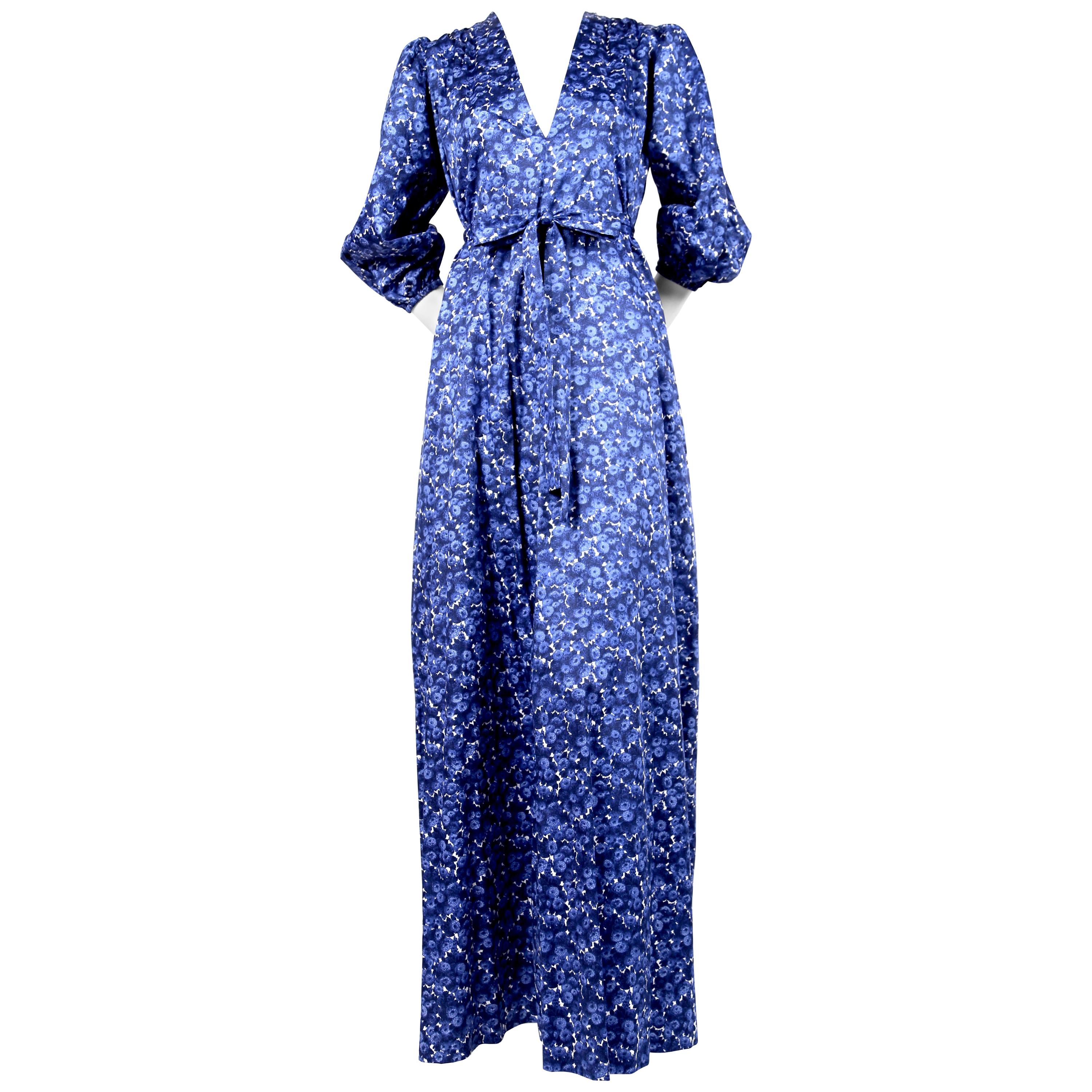 1970's YVES SAINT LAURENT blue floral printed maxi dress For Sale