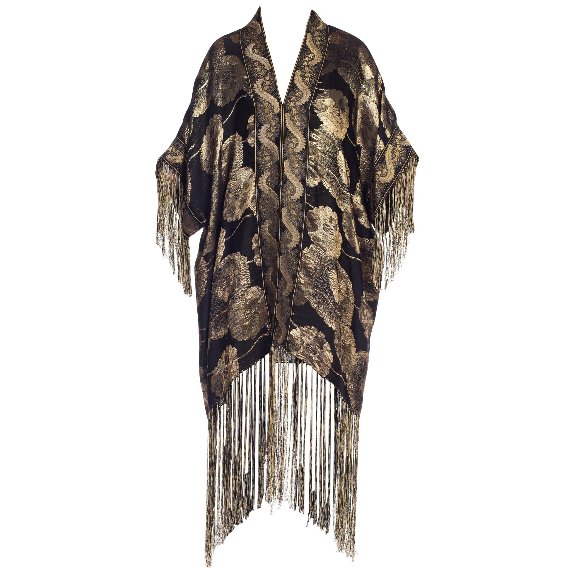 MORPHEW COLLECTION Floral Gold Lamé Kimono With Antique Trim & Silk Fringe