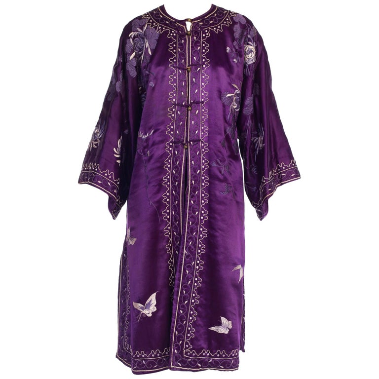 Victorian Purple Hand Embroidered Silk Satin Antique Chinese Kimono Robe  Coat at 1stDibs | purple silk kimono robe, embroidered silk robe, china kimono  robe