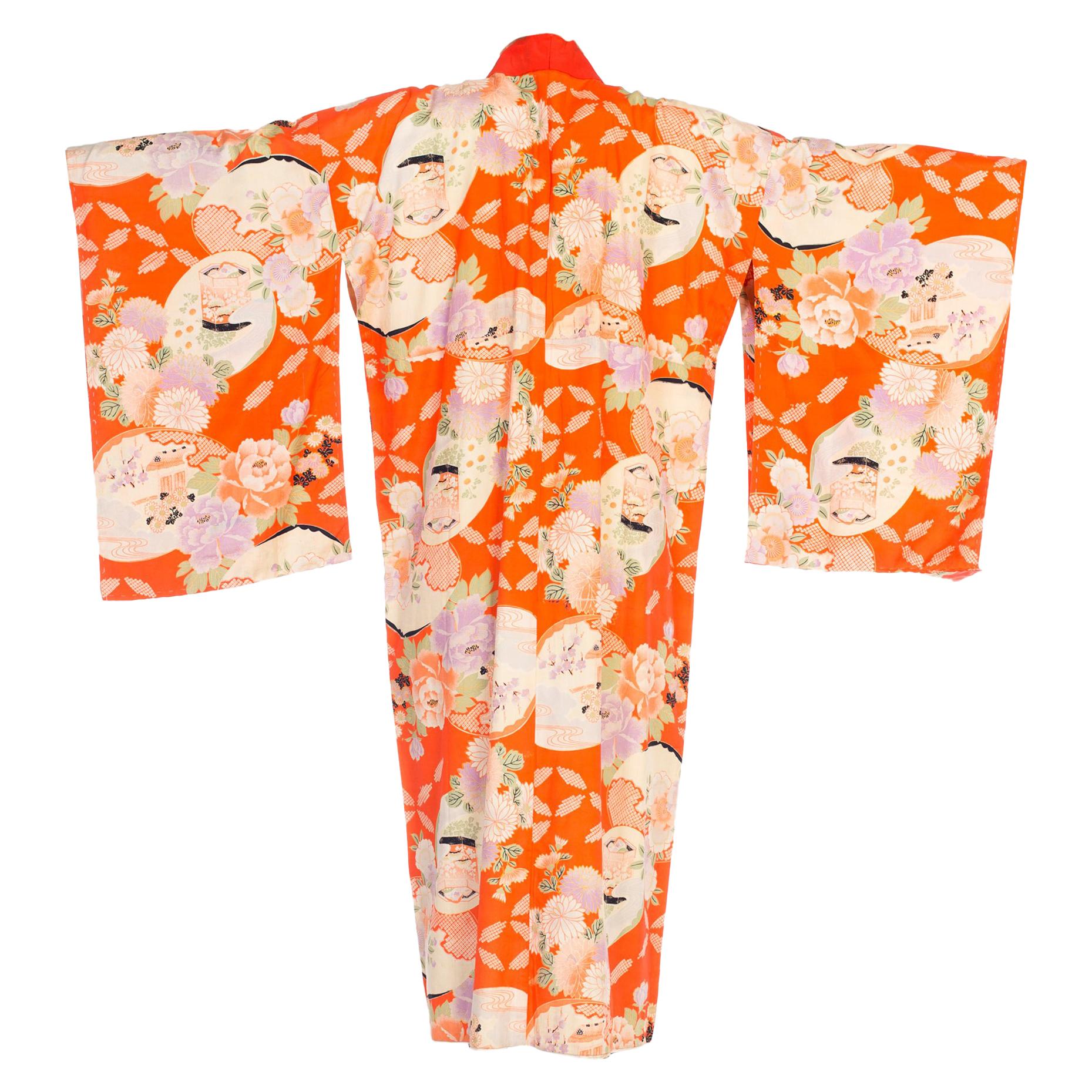 Mid-Century Japanese Silk Kimono in Orange