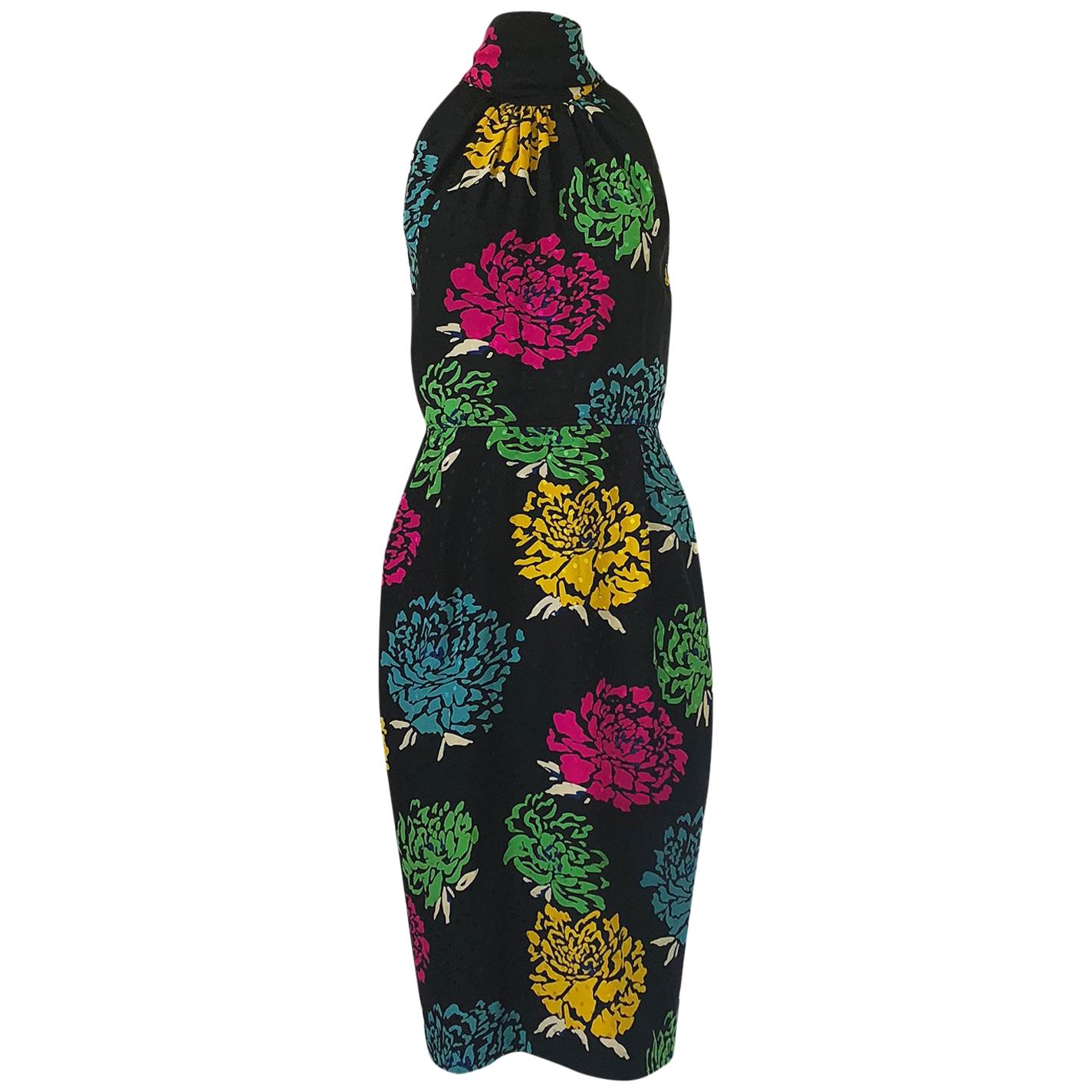 1970s Emanuel Ungaro Multi-Color Floral Silk Print Sleeveless Dress