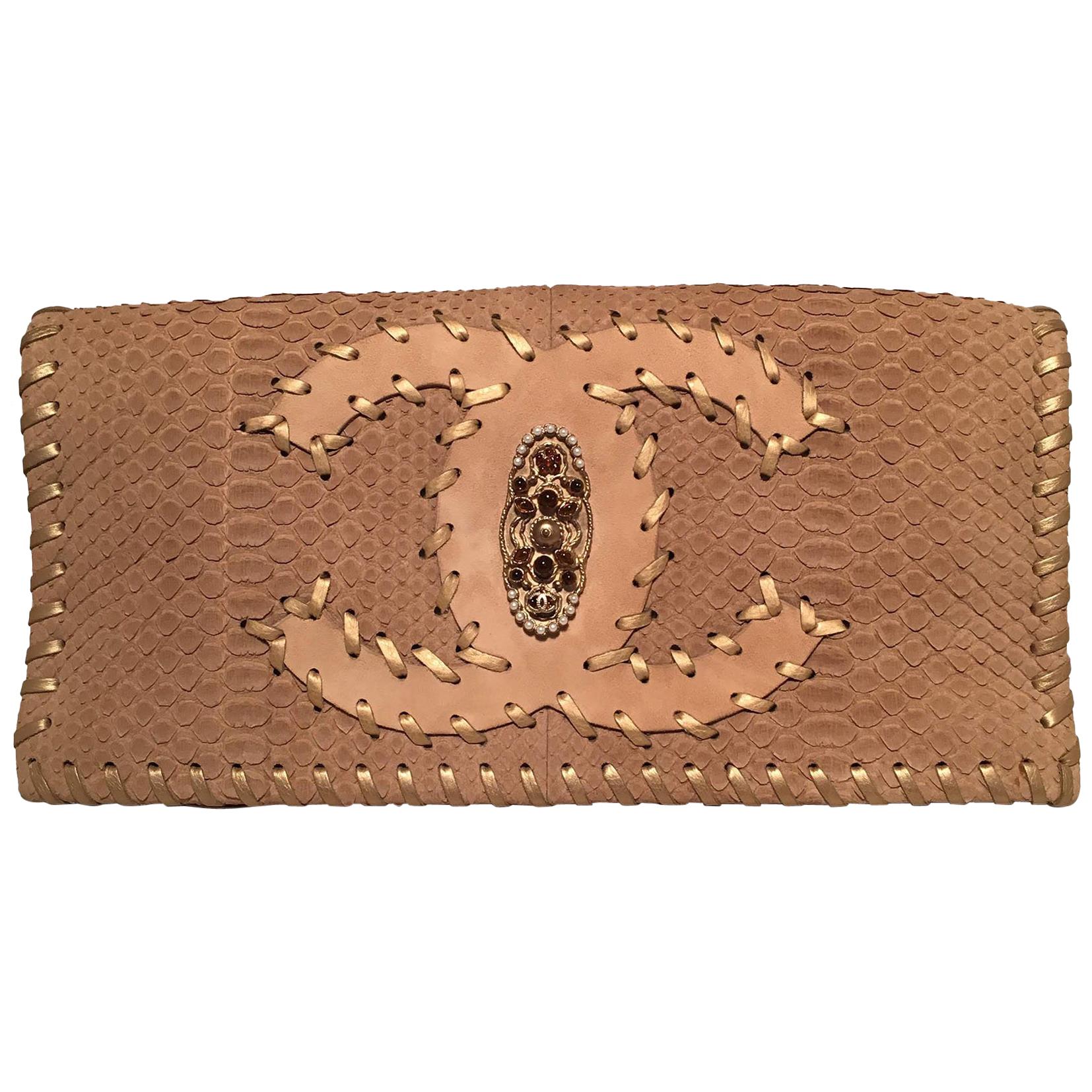 Chanel Tan Snakeskin Leather Patch Gold Stitched Jeweled CC Fold Over Clutch