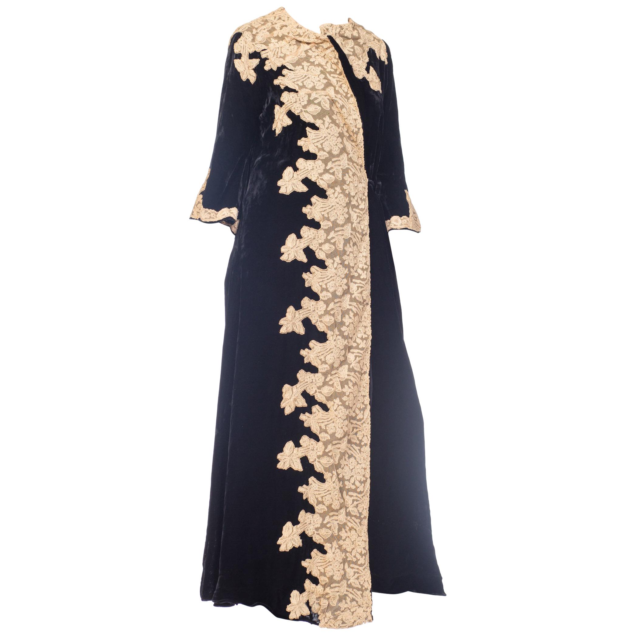 1920S Black Silk Velvet  Robe With Nude Lace Appliqué