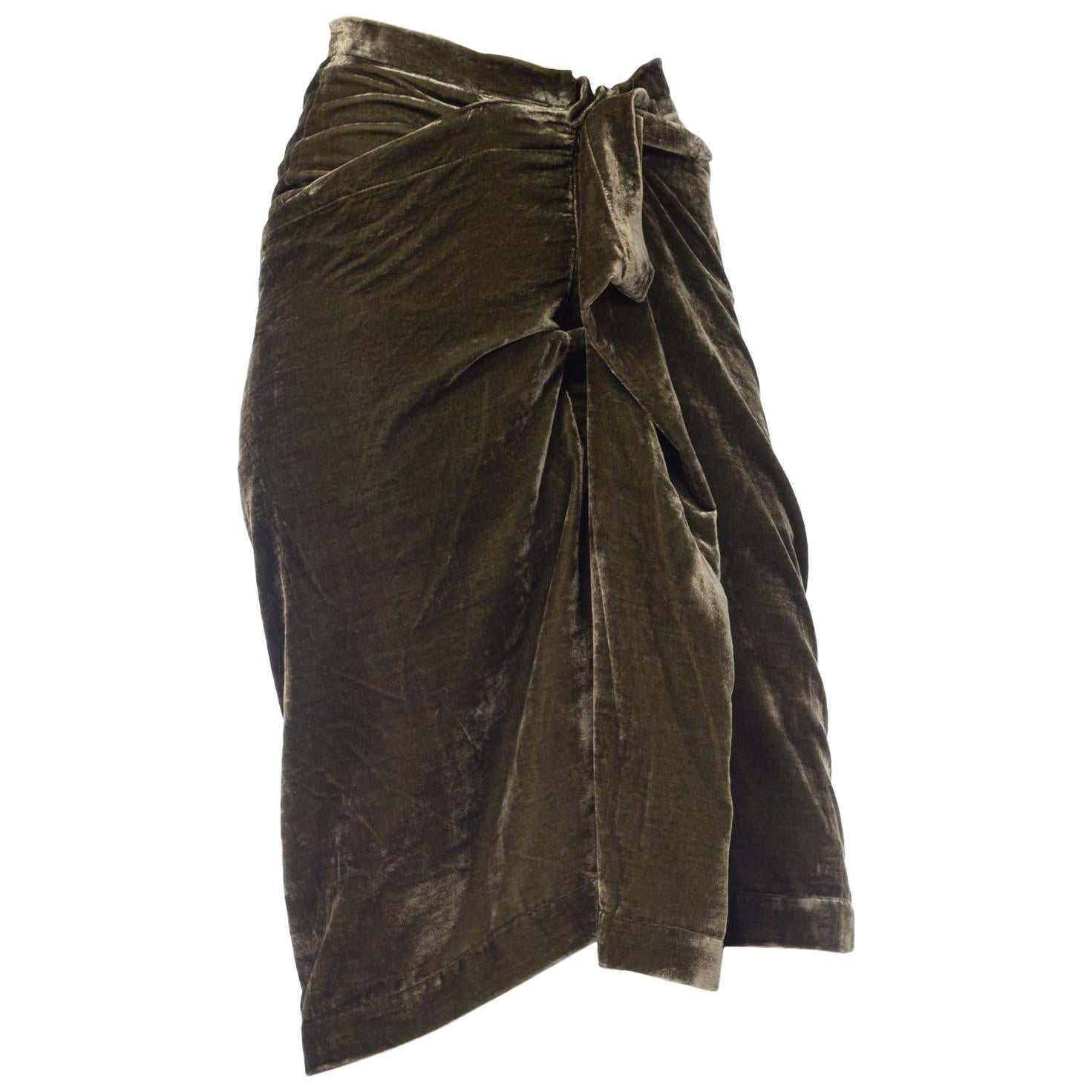 2000S VIVIENNE WESTWOOD Olive Green Silk Blend Velvet Anglomania Draped Skirt N