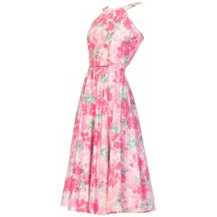 Vintage 1950S Cotton Pastel Pink Watercolor Floral Circle Skirt Dress