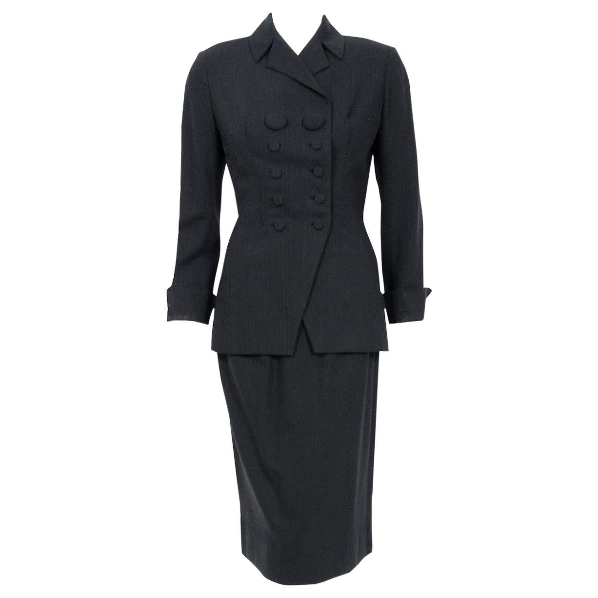1940er Irene Lentz Couture Grauer doppelreihiger Gabardine-Anzug mit Nadelstreifen und Jacke