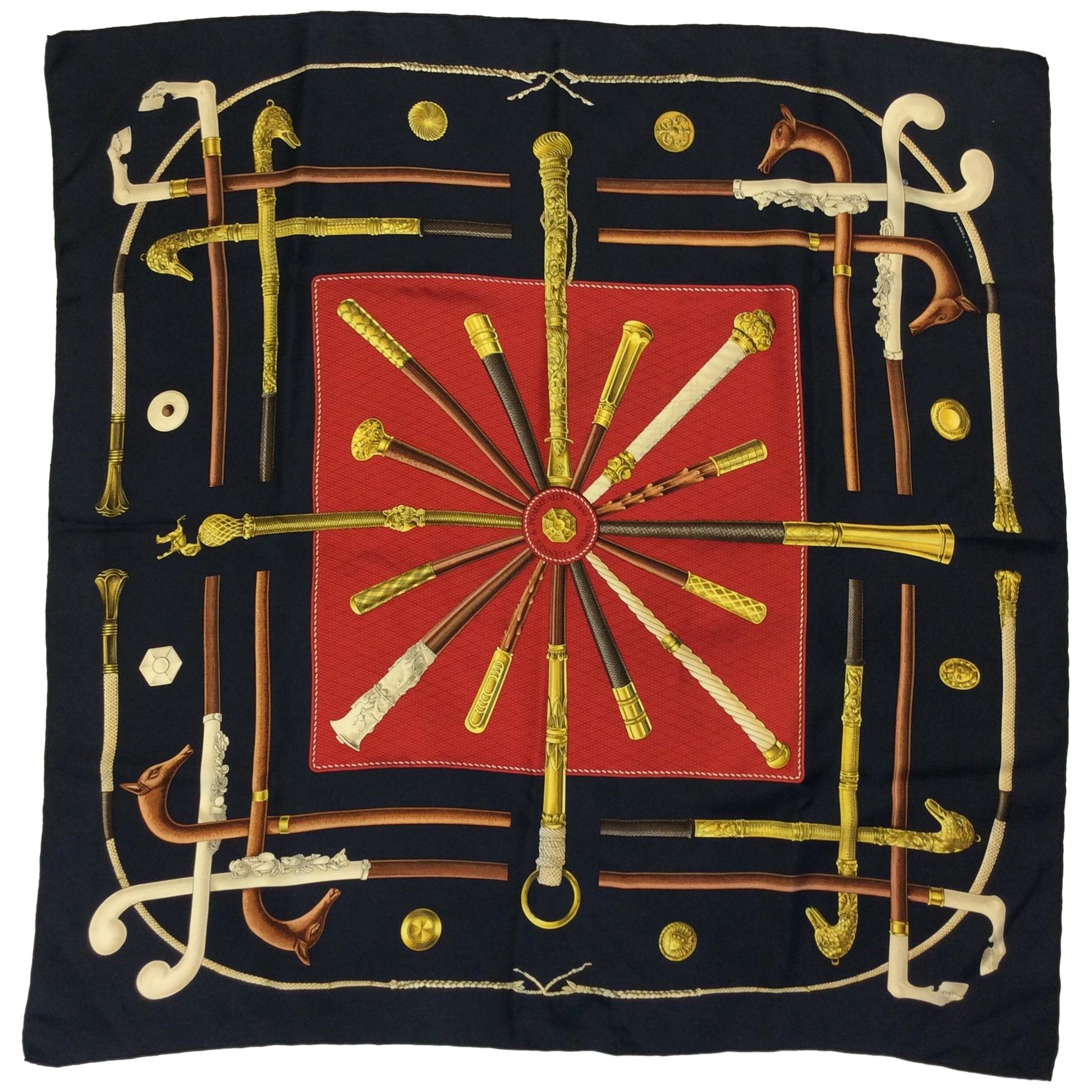 Hermes Black and Red 'Cannes & Pommeaux' Silk Scarf